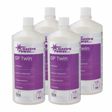 Τέσσερα μπουκάλια των 325 ml της Abena Re-Seller GmbH GastroPower GP Twin Fettlöser (1999915024) είναι τοποθετημένα σε δύο σειρές και δείχνουν το branding και τις πληροφορίες προϊόντος - ιδανικό για μεγάλες κουζίνες και επιχειρήσεις εστίασης.