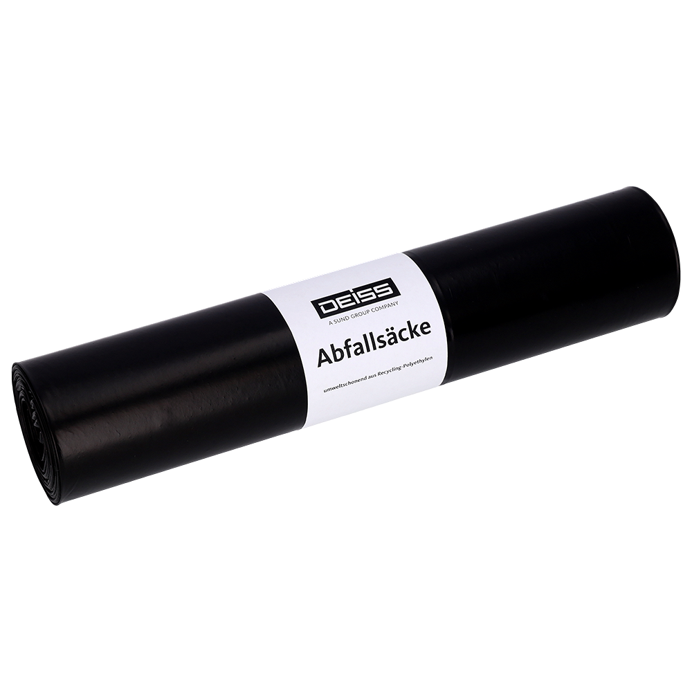Ένας ρόλος σακούλες απορριμμάτων DEISS 25705 από την EMIL DEISS (575x1000 mm, Τύπος 60, μαύρο, 25 τεμάχια) με λευκή ετικέτα "DEISS Abfallsäcke" σε ανοιχτόχρωμο φόντο.