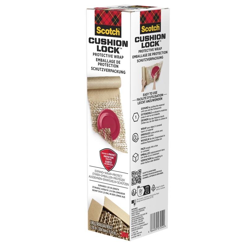 Ένα κουτί Scotch™ Cushion Lock™ προστατευτική συσκευασία (30,4 εκ. x 9,14 μ., 1 ρολό) της 3M Deutschland GmbH παρουσιάζεται σε όρθια θέση με εμπορική επωνυμία και πολυγλωσσικό κείμενο που τονίζει την προστασία με αερόσακους για ευαίσθητα αντικείμενα.