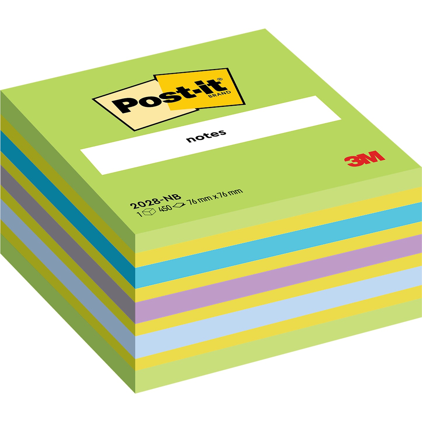 Ένας κύβος σημειώσεων Post-it® 76 mm x 76 mm, 450 φύλλα/μπλοκ της 3M Deutschland GmbH, με εναλλασσόμενα μπλε, κίτρινα, μοβ και πράσινα φύλλα. Το πάνω φύλλο δείχνει το κίτρινο αυτοκόλλητο της μάρκας Post-it με το κόκκινο λογότυπο 3M.
