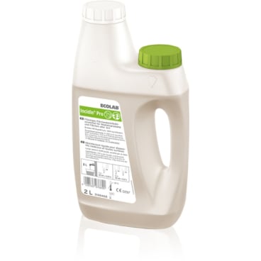 Ένα μπουκάλι Ecolab Incidin Pro χωρητικότητας 2 λίτρων με λαβή, λευκό και πράσινο καπάκι στις αντίθετες πλευρές και μια λευκή ετικέτα με πληροφορίες για το προϊόν και σύμβολα ασφαλείας.