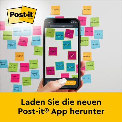 Eine Person hält ein Smartphone mit einer digitalen Tafel mit bunten Notizen, während dahinter eine Wand mit Post-it® Super Sticky selbsthaftendes Mini Meeting Chart/Flipchart Mini 577SS von 3M Deutschland GmbH steht. Der deutsche Text darunter wirbt für die neue Post-it App.