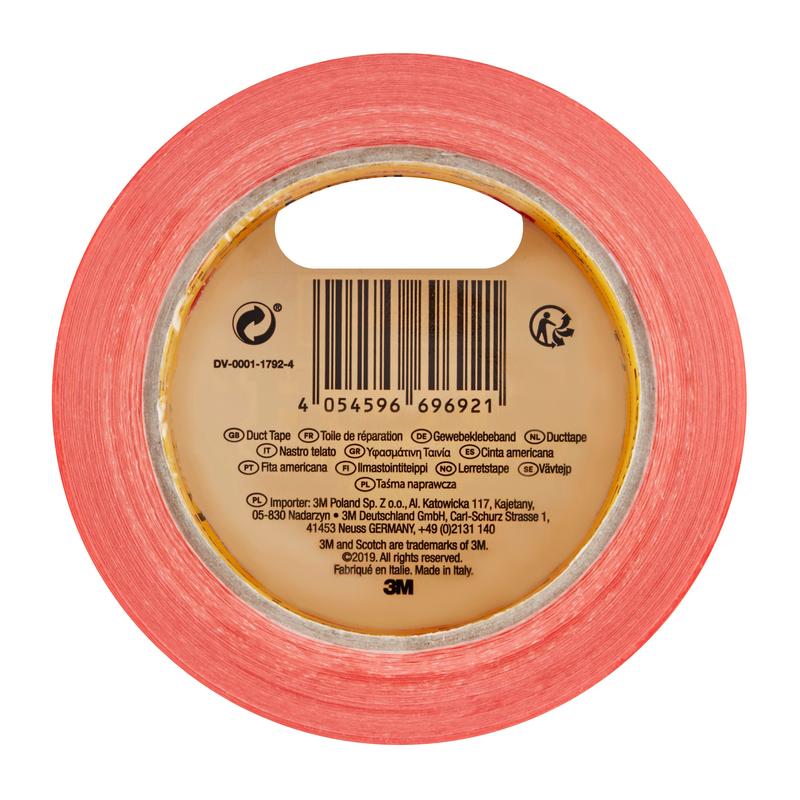 Ένας πορτοκαλί ρόλος ταινίας Scotch® High Visibility (25 m x 48 mm, 6 ΤΕΜ./ΣΥΣΚΕΥΑΣΙΑ) της 3M Deutschland GmbH απεικονίζεται από πάνω με γραμμωτό κώδικα, πληροφορίες προϊόντος και πολυγλωσσικό "Ταινία" στον πυρήνα, υποδεικνύοντας την πολυχρηστικότητα.