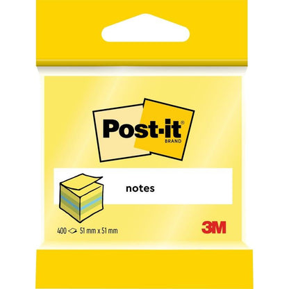 Μια συσκευασία Post-it® Notes Mini Κύβοι από την 3M Deutschland GmbH, 51 mm x 51 mm, 400 φύλλα ανά μπλοκ, σε κίτρινη συσκευασία με το λογότυπο Post-it και την εικόνα μιας στοίβας σημειώσεων. Στην μπροστινή πλευρά αναγράφονται "400", "51 mm x 51 mm" και "notes".