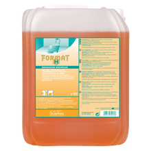 Ein 10-Liter-Behälter aus durchsichtigem Kunststoff mit orangefarbener Flüssigkeit und der Aufschrift "FORMAT HAT" enthält Dr. Schnell FORMAT H Intensivreiniger von DR.SCHNELL GmbH & Co. KGaA, mit Produkt-, Sicherheits- und Anwendungshinweisen in deutscher Sprache für den professionellen Einsatz.