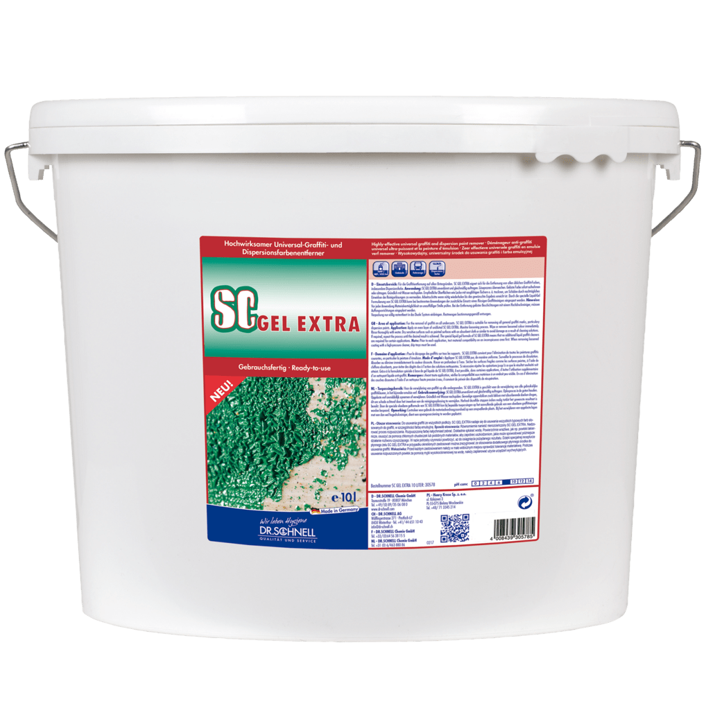 Ένας λευκός πλαστικός κουβάς 10 λίτρων με χερούλι και την επιγραφή "Dr. Schnell SC GEL EXTRA Καθαριστικό Graffiti" της DR.SCHNELL GmbH & Co. KGaA είναι εφοδιασμένος με γερμανική ετικέτα που υπογραμμίζει την καινοτόμο φόρμουλα gel, τις οδηγίες χρήσης και το barcode για την καθολική αφαίρεση graffiti.