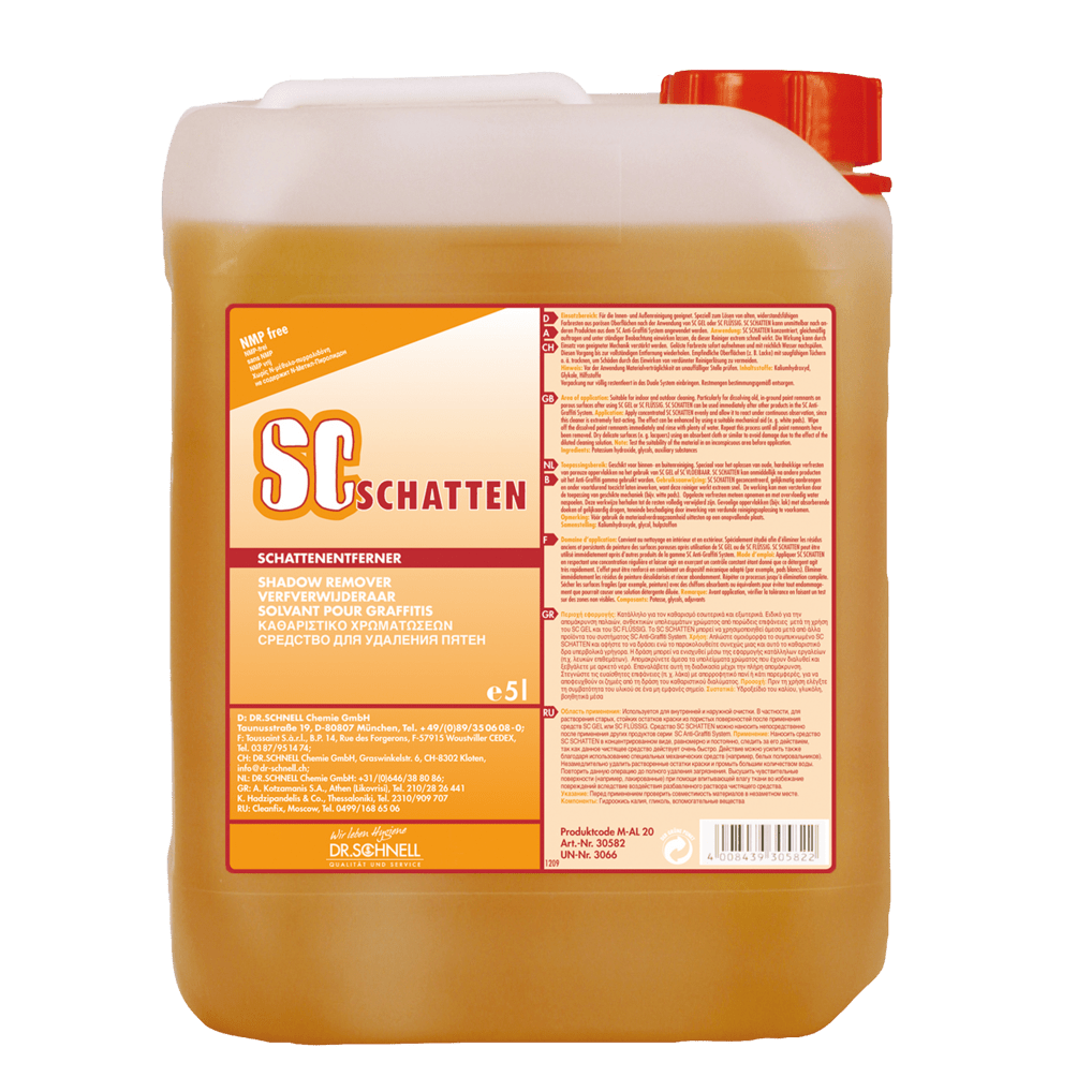 Ένα δοχείο 5 λίτρων του Dr. Schnell SC SCHATTEN αφαιρετικού γκράφιτι της DR.SCHNELL GmbH & Co. KGaA, ένα αποτελεσματικό αφαιρετικό για σκιές γκράφιτι, με πληροφορίες προϊόντος και πολυγλωσσικές οδηγίες στην ετικέτα.