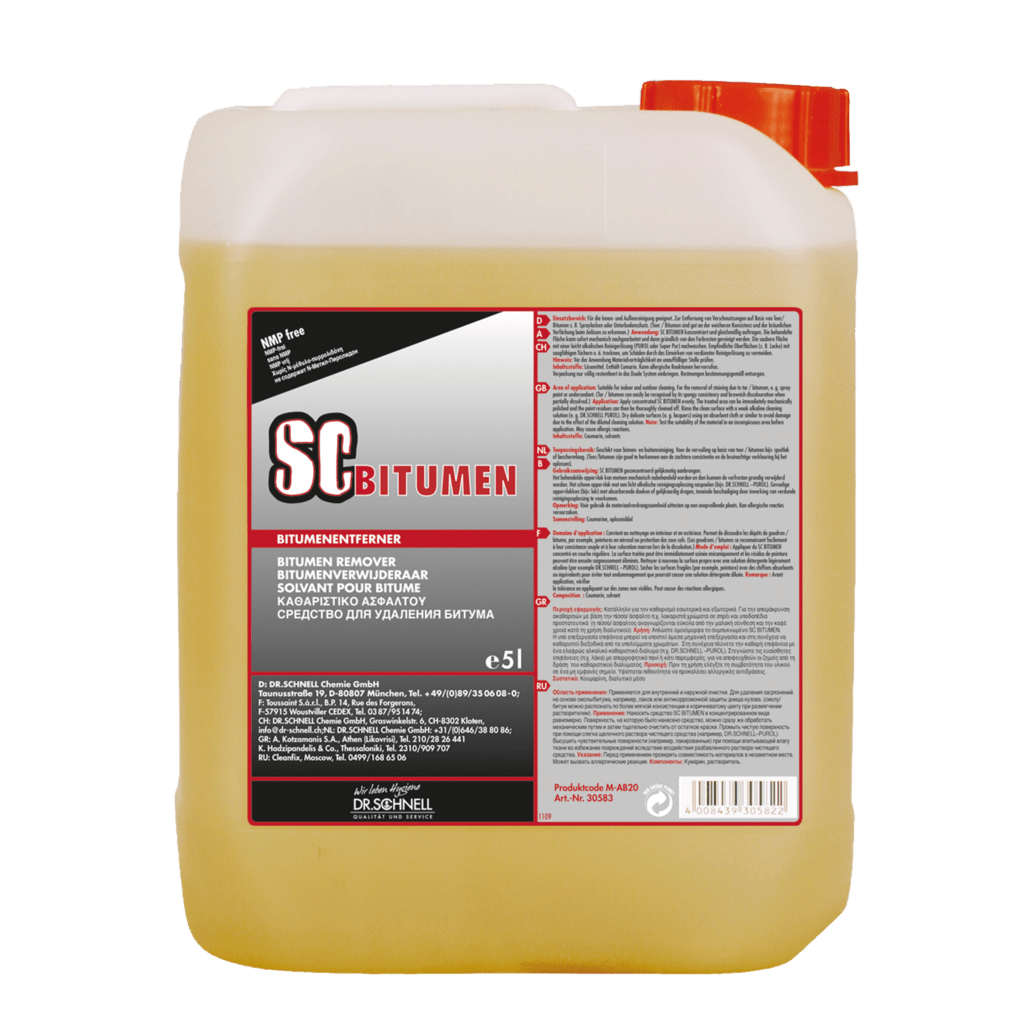 Ο πλαστικός κάνιστρος των 5 λίτρων του Dr. Schnell SC BITUMEN καθαριστικού γκράφιτι της DR.SCHNELL GmbH & Co. KGaA διαθέτει κόκκινο καπάκι, πολυγλωσσική ετικέτα με προειδοποιήσεις κινδύνου και είναι ιδανικός ως ισχυρό καθαριστικό επιφανειών για επίμονες υπολείμματα.