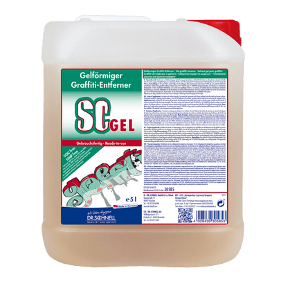 Ένα δοχείο 5L Dr. Schnell SC GEL αφαίρεσης γκράφιτι της DR.SCHNELL GmbH & Co. KGaA είναι εξοπλισμένο με μια πράσινη-κόκκινη ετικέτα με οδηγίες χρήσης και γραφικό γκράφιτι - ιδανικό για την αποτελεσματική αφαίρεση γκράφιτι.