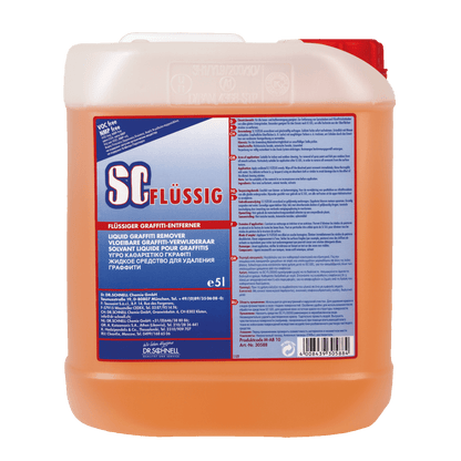 Ein 5-Liter-Kunststoffbehälter des Dr. Schnell SC FLÜSSIG Graffitientferners der DR.SCHNELL GmbH & Co. KGaA, gefüllt mit orangefarbener Flüssigkeit und beschriftet mit mehrsprachigen Produktangaben und Sicherheitshinweisen zur Graffitientfernung.