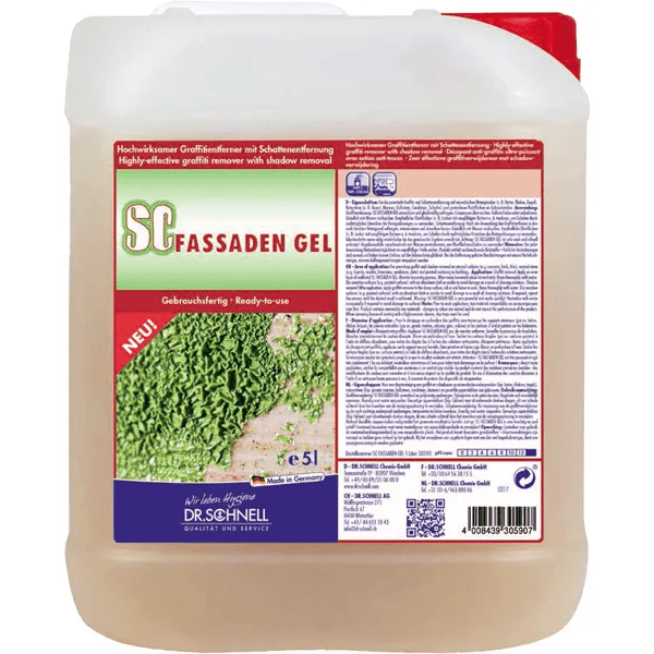 Ένα πακέτο 5 λίτρων Dr. Schnell SC FASSADEN GEL Αντι-Γκράφιτι Σύστημα της DR.SCHNELL GmbH & Co. KGaA, σε ένα διαφανές δοχείο με κόκκινες και μοβ ετικέτες και δίγλωσση πληροφορία προϊόντος για αποτελεσματική αφαίρεση γκράφιτι.