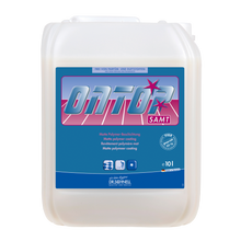 Ein 10-Liter-Kanister Dr. Schnell ONTOP SAMT Matt-Beschichtung für Gebäudereinigung, Böden, hochfrequentiert von DR.SCHNELL GmbH & Co. KGaA, mit blauer und rosa Beschriftung und Produktangaben auf hellem Grund.