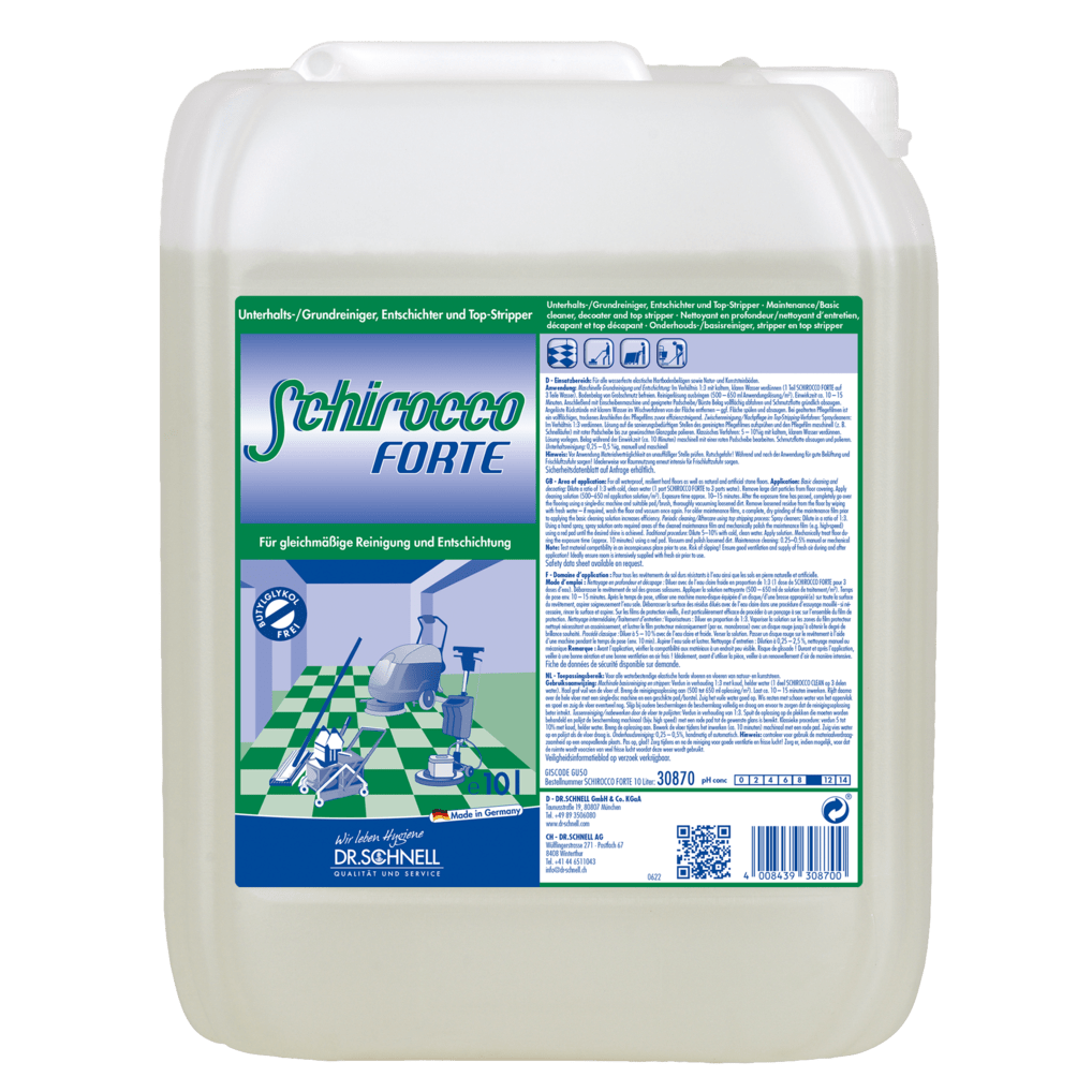 Ένα μεγάλο διαφανές πλαστικό δοχείο με την επιγραφή "Dr. Schnell SCHIROCCO FORTE" της DR.SCHNELL GmbH & Co. KGaA, με πράσινο και λευκό branding, γραφικό καθαρισμού, οδηγίες ειδικού καθαριστικού για επαγγελματικό καθαρισμό, με λαβή και βιδωτό καπάκι.