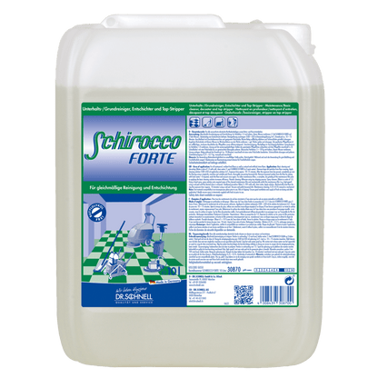 Ένα μεγάλο διαφανές πλαστικό δοχείο με την επιγραφή "Dr. Schnell SCHIROCCO FORTE" της DR.SCHNELL GmbH & Co. KGaA, με πράσινο και λευκό branding, γραφικό καθαρισμού, οδηγίες ειδικού καθαριστικού για επαγγελματικό καθαρισμό, με λαβή και βιδωτό καπάκι.