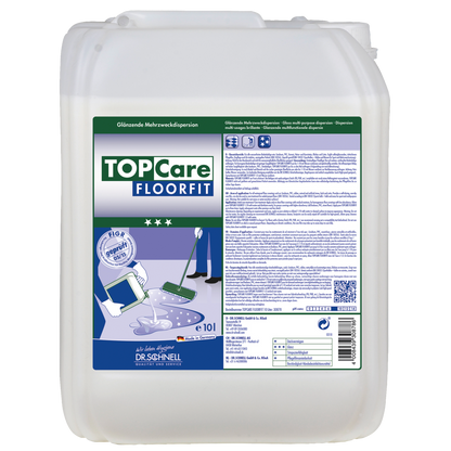 Ein großer weißer Kunststoffbehälter Dr. Schnell TOPCARE FLOORFIT von DR.SCHNELL GmbH & Co. KGaA mit einem blau-grünen Etikett mit Produktangaben, Anweisungen, Symbolen und der Abbildung eines Wischmopps mit glänzendem Boden für streifenfreie Ergebnisse.