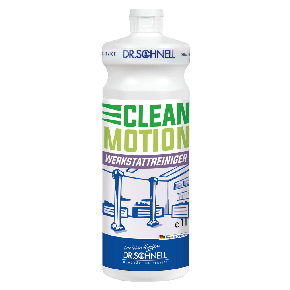 Ένα λευκό μπουκάλι 1 λίτρου Dr. Schnell CLEANMOTION WERKSTATTREINIGER της DR.SCHNELL GmbH & Co. KGaA, με πράσινο και μοβ κείμενο, μια εικόνα ενός συνεργείου αυτοκινήτων και ένα μπλε λογότυπο Dr. Schnell στο κάτω μέρος.