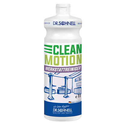 Ένα λευκό μπουκάλι 1 λίτρου Dr. Schnell CLEANMOTION WERKSTATTREINIGER της DR.SCHNELL GmbH & Co. KGaA, με πράσινο και μοβ κείμενο, μια εικόνα ενός συνεργείου αυτοκινήτων και ένα μπλε λογότυπο Dr. Schnell στο κάτω μέρος.