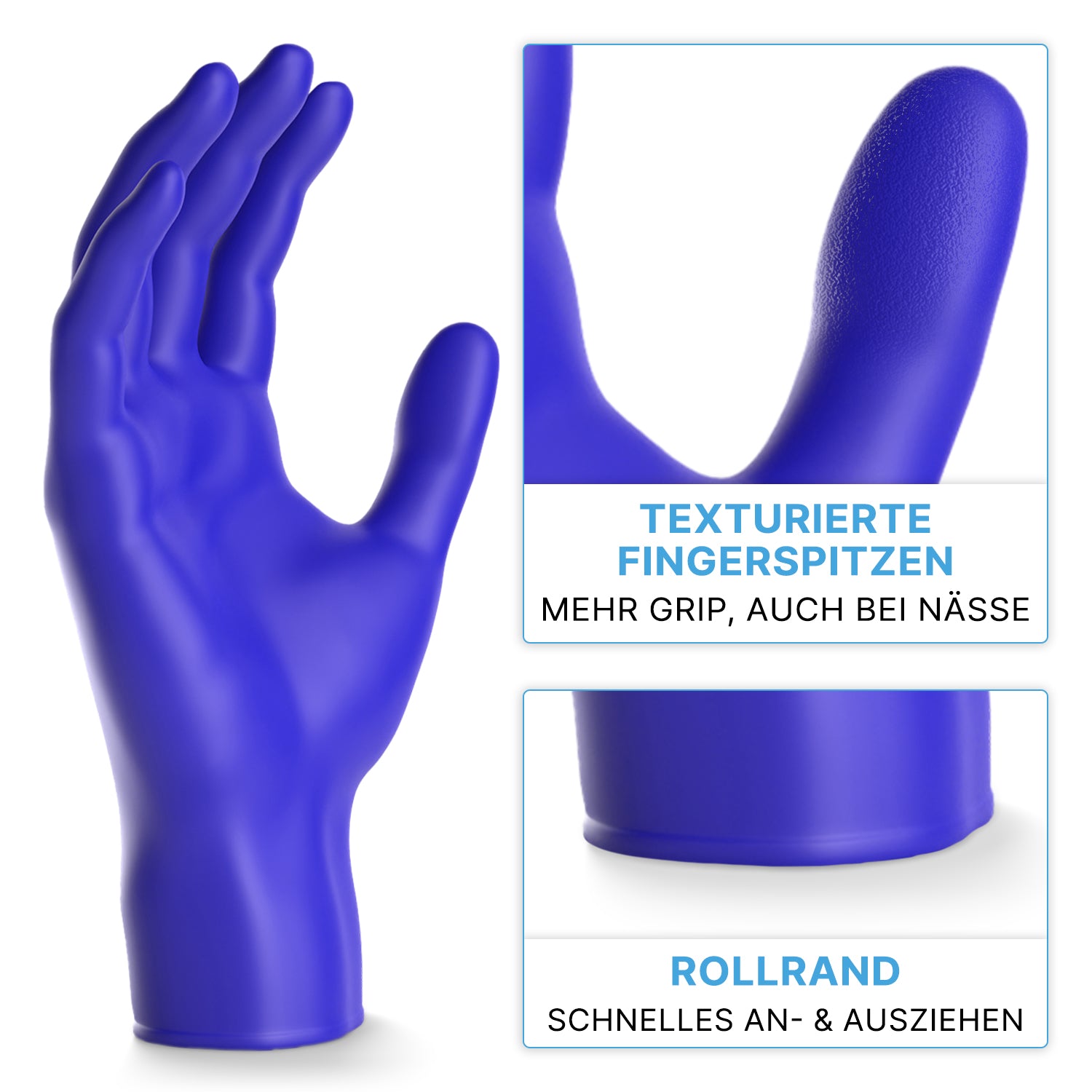 Abgebildet ist ein blauer ARNOMED NITRIL XTRA PURE Einmalhandschuh von ARNOWA GmbH, mit Nahaufnahmen der griffigen, strukturierten Fingerspitzen und einer gerollten Manschette für eine einfache Handhabung. Der deutsche Text hebt seine hautverträgliche, akzeleratorfreie Nitril-Qualität hervor.