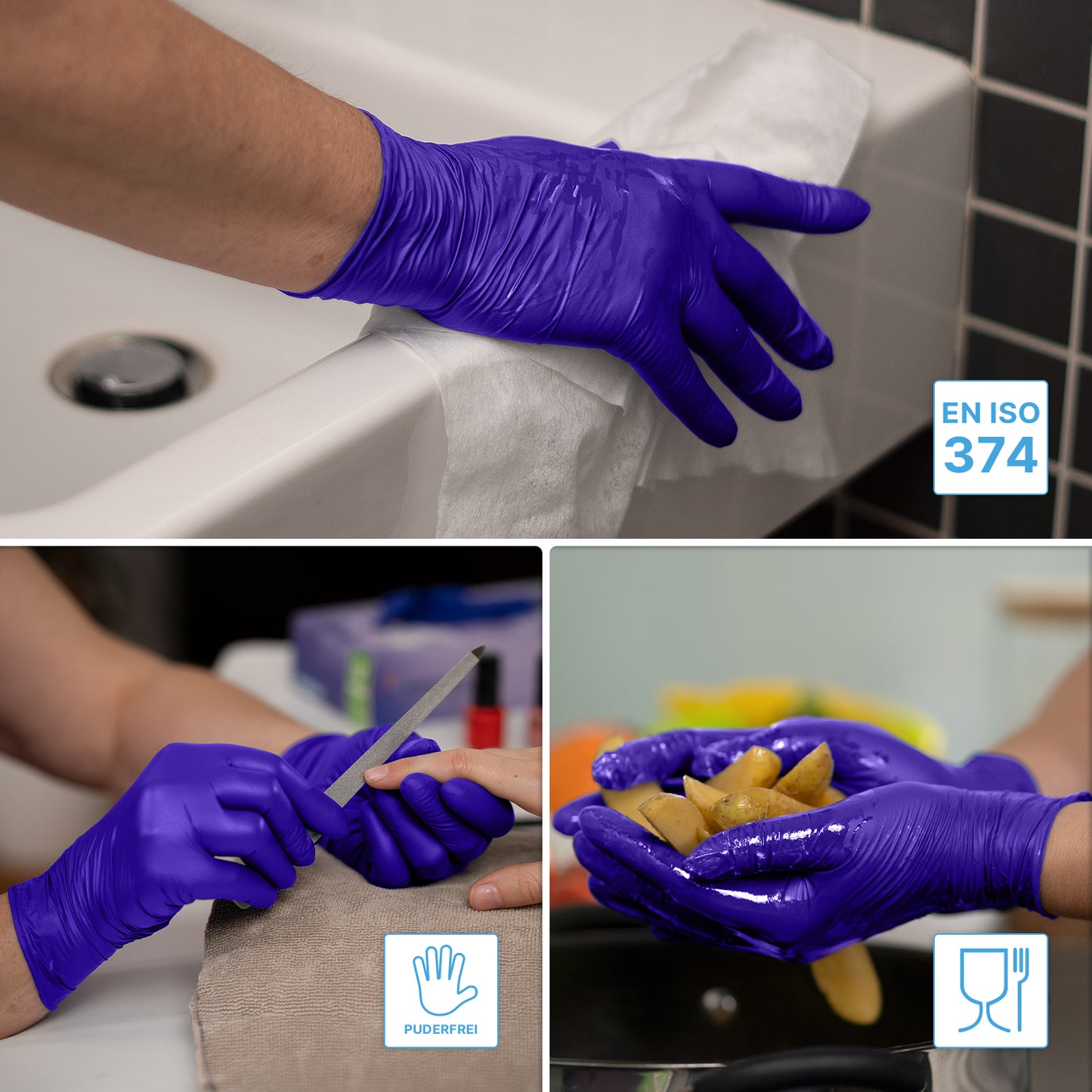 Drei Bilder zeigen Hände in ARNOMED NITRIL XTRA PURE Einmalhandschuhen von ARNOWA GmbH: Reinigung, Nagelpflege, Kartoffelspülung. Icons weisen auf Lebensmittelsicherheit und empfindliche Haut hin - diese Nitrilhandschuhe sind akzeleratorfrei und EN ISO 374-zertifiziert.