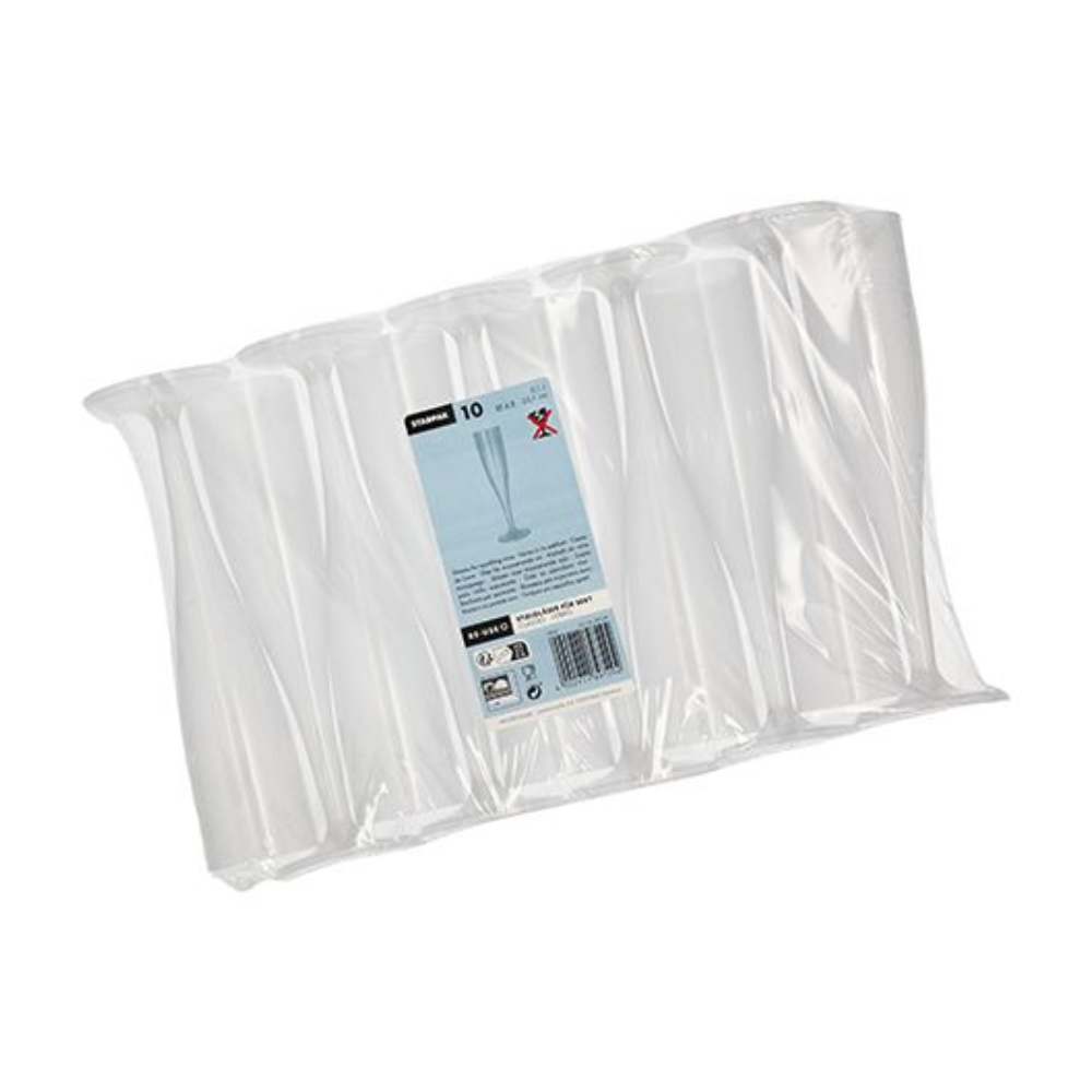 Μια δεκάδα Starpak 10 επαναχρησιμοποιήσιμα ποτήρια από το Starpak είναι σφραγισμένη σε διαφανή πλαστική συσκευασία, στην μπροστινή πλευρά της οποίας υπάρχει μια ετικέτα με πληροφορίες προϊόντος και γραμμωτούς κώδικες.