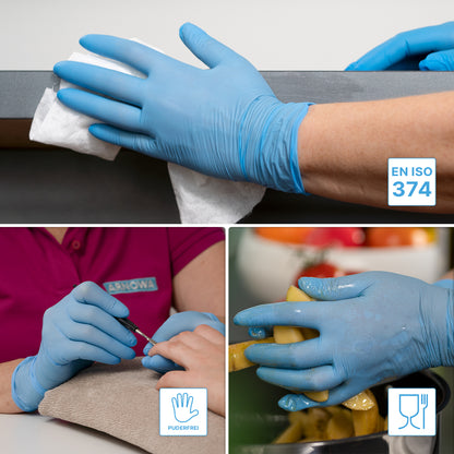 Eine Collage zeigt ARNOMED NITRIL BLUE 200er Nitrilhandschuhe Blau der ARNOWA GmbH für die Reinigung, Nagelpflege und den Umgang mit Lebensmitteln. Icons zeigen die Zertifizierung des 200er Sparpacks nach EN ISO 374 und die Eignung für Lebensmittelkontakt und Allergieprävention.