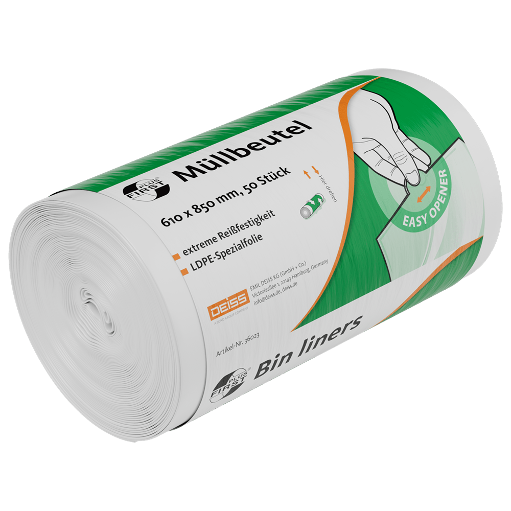 Ένας ρόλος EMIL DEISS KG (GmbH + Co.) DEISS 36023 σακούλες απορριμμάτων (610x850 mm, λευκό, 50 τεμάχια) σε ανθεκτική συσκευασία με γερμανικό/αγγλικό κείμενο. Είναι εύκολο να ανοίξουν, εξαιρετικά ανθεκτικές στο σκίσιμο και εξοπλισμένες με LDPE ειδική μεμβράνη.