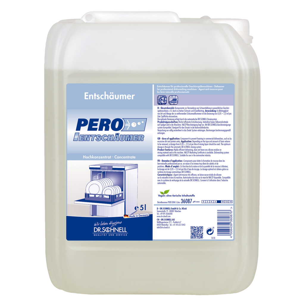 Ein 5-Liter-Kanister Dr. Schnell PERO ENTSCHÄUMER der DR.SCHNELL GmbH & Co. KGaA, für die Küchen- und Lebensmittelhygiene, ist für die Verwendung in Geschirrspülern gekennzeichnet und enthält Anweisungen, Warnhinweise und ein Bild für die Spülmaschine.