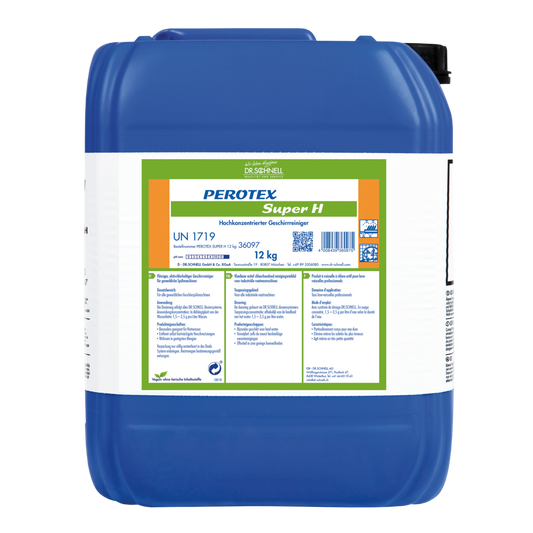 Ein blauer 12 kg Kunststoffbehälter mit der Aufschrift "Dr. Schnell PEROTEX SUPER H" der DR.SCHNELL GmbH & Co. KGaA, ein Hochleistungsreiniger für den professionellen Einsatz, mit Produktcodes und mehrsprachigen Anweisungen auf dem weiß-grünen Etikett.