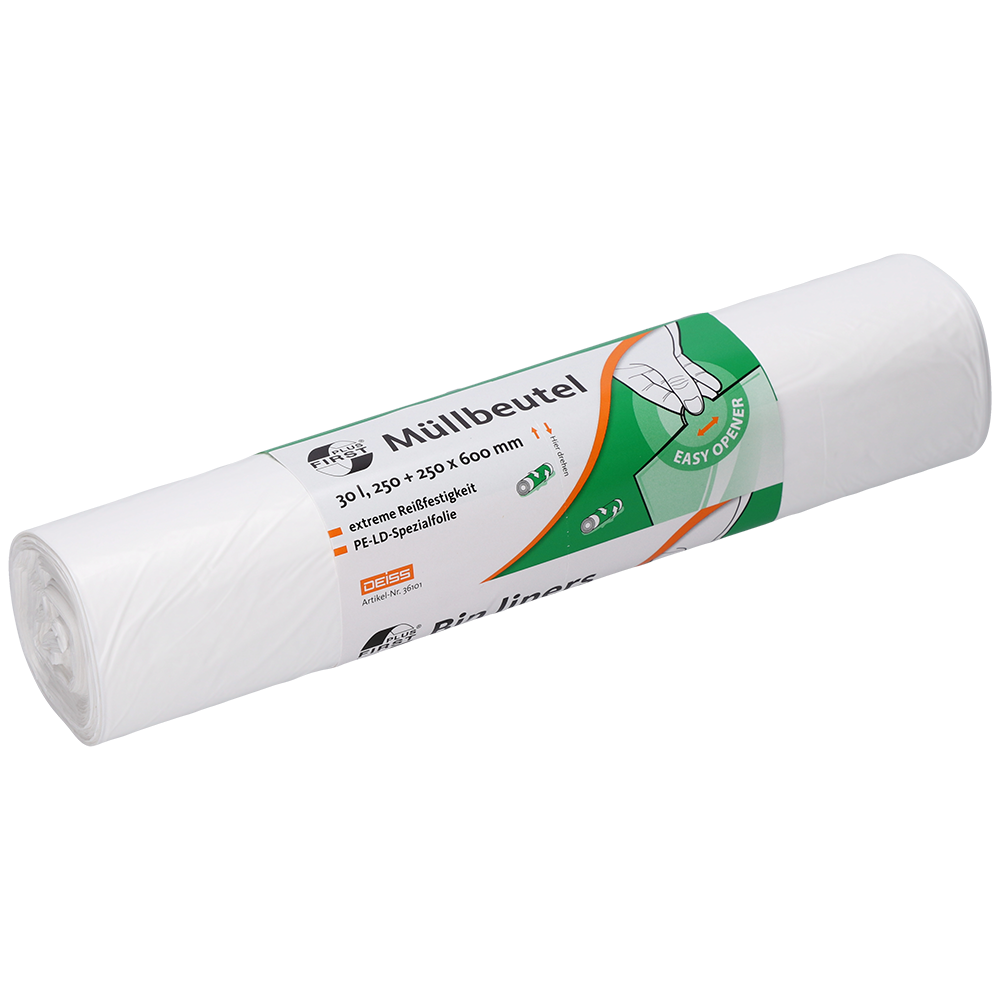 Ένας ρόλος της EMIL DEISS KG (GmbH + Co.) DEISS 36101 σακούλες απορριμμάτων, 250+250x600 mm, λευκό, ρολό με 50 τεμάχια. Με γερμανική ετικέτα, σύμβολο χεριού για αφαίρεση, ένδειξη μεγέθους και πράσινο σύμβολο "easy open" στη συσκευασία.