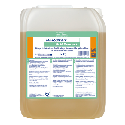 Ein 12-kg-Kunststoffbehälter mit dem Geschirrspülmittel Dr. Schnell PEROTEX ALU PROTECT für gewerbliche Maschinen der DR.SCHNELL GmbH & Co. KGaA, beschriftet in deutscher Sprache mit Produktinfos und Hinweisen zum Korrosionsschutz von Aluminium, gefüllt mit gelblicher Flüssigkeit.