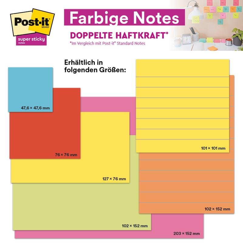 Μια οθόνη δείχνει 16 πακέτα Post-it® Super Sticky Notes από την 3M Deutschland GmbH (76 mm x 127 mm, διάφορα χρώματα, 90 φύλλα/μπλοκ), των οποίων η ισχυρή επιφάνεια κόλλησης είναι ορατή σε έναν τακτικά οργανωμένο τοίχο σημειώσεων.