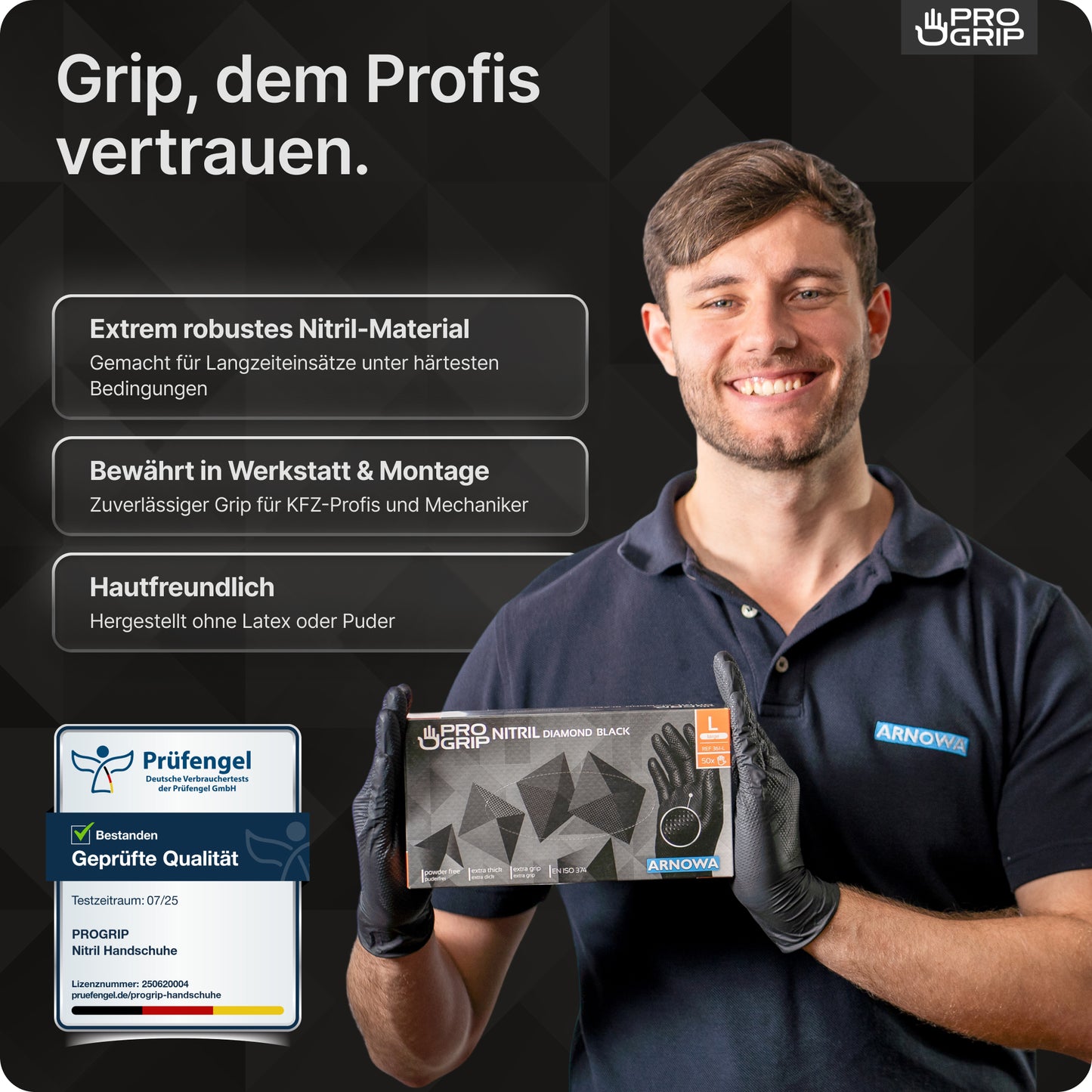 Ein Mann in dunklem Polo und Handschuhen hält eine Schachtel PROGRIP NITRIL DIAMOND ORANGE der ARNOWA GmbH. Der Text hebt die reißfeste Diamantstruktur der orangefarbenen Nitrilhandschuhe für Haltbarkeit, Werkstatttauglichkeit und Hautfreundlichkeit hervor. Eine Zertifizierungsplakette ist abgebildet.