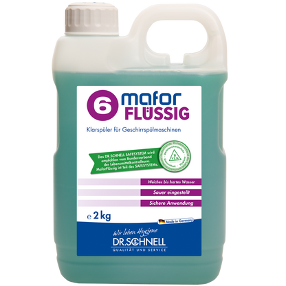 Ein 2 kg Kunststoffbehälter der DR.SCHNELL GmbH & Co. KGaA's MAFOR FLÜSSIG 6 Klarspüler für Geschirrspülmaschinen, mit Griff und Schraubverschluss. Das teal-lila Etikett weist auf die Verwendung als professioneller Klarspüler für Geschirrspülmaschinen hin.
