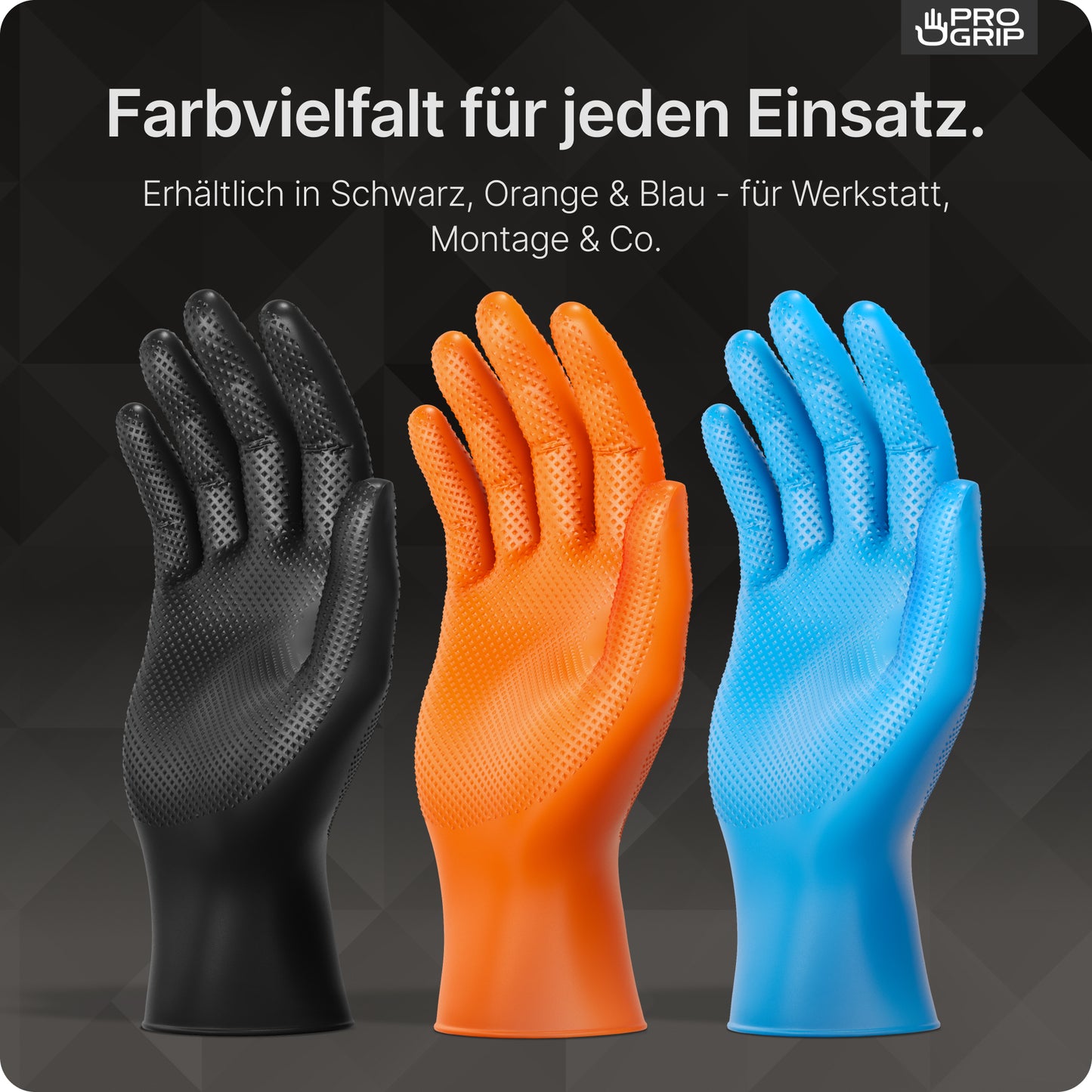 Τρία γάντια μιας χρήσης PROGRIP NITRIL DIAMOND BLUE της ARNOWA GmbH είναι όρθια σε μπλε χρώμα σε ένα σκοτεινό γεωμετρικό φόντο, με γερμανικό κείμενο που τονίζει την ανθεκτική διαμαντένια δομή για χρήση σε εργαστήριο και συναρμολόγηση.
