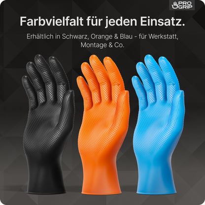 Τρία γάντια μιας χρήσης PROGRIP NITRIL DIAMOND BLUE της ARNOWA GmbH είναι όρθια σε μπλε χρώμα σε ένα σκοτεινό γεωμετρικό φόντο, με γερμανικό κείμενο που τονίζει την ανθεκτική διαμαντένια δομή για χρήση σε εργαστήριο και συναρμολόγηση.