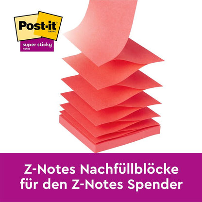 Μια στοίβα 3M Post-it® Super Sticky Z-Notes σε διάφορα χρώματα, 76x76 mm, είναι ανοιγμένη προς τα πάνω. Η συσκευασία περιέχει 14 μπλοκ συν 2 δωρεάν φύλλα (90 φύλλα/μπλοκ), με το κείμενο "14 μπλοκ + 2 δωρεάν" στο κάτω μέρος. PEFC-πιστοποιημένο.