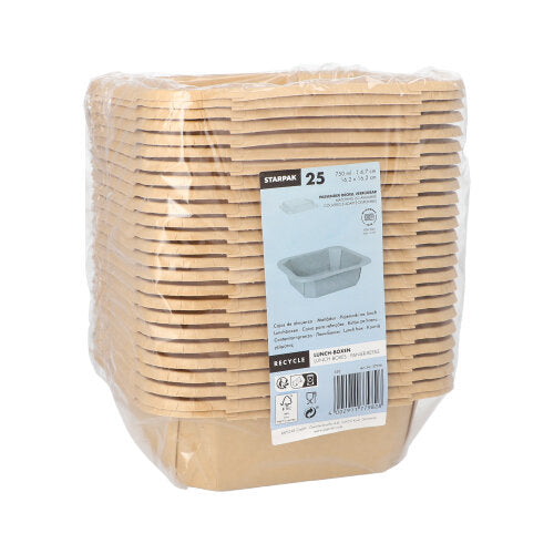 Eine Packung mit 25 rechteckigen, braunen Starpak Lunchboxen aus Pappe, in Plastikfolie eingewickelt, mit einem Etikett auf der Vorderseite, das die Marke Starpak und Produktinformationen zeigt. Perfekt als umweltfreundliche Lunchbox für jede Veranstaltung.