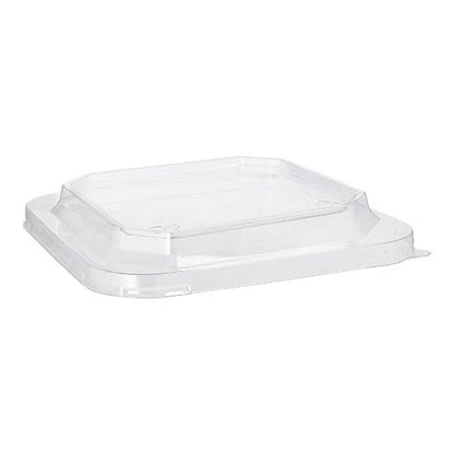 Το καπάκι Starpak 25 για lunchboxes PET ορθογώνιο διαφανές, ένα διάφανο ορθογώνιο καπάκι με ανάγλυφο κέντρο και γωνιακές πλευρές από την Starpak, εμφανίζεται σε λευκό φόντο.
