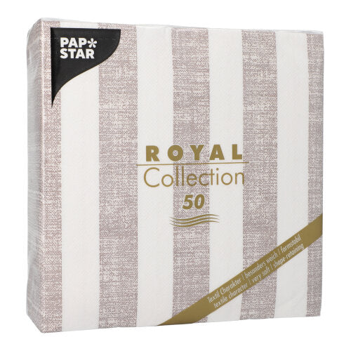 Μια συσκευασία PAPSTAR 50 πετσέτες "ROYAL Collection" 1/4-πτυχές 40 x 40 cm mocca από την PAPSTAR GmbH περιέχει 50 πετσέτες σε σχέδιο mocca, στην μπροστινή πλευρά των οποίων είναι τυπωμένο το όνομα του προϊόντος και ο αριθμός των τεμαχίων σε χρυσό.