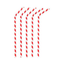 Πέντε PAPSTAR καλαμάκια χαρτιού κόκκινο/λευκό "Stripes", εύκαμπτα, 22 εκ. (PAPSTAR GmbH) βρίσκονται το ένα δίπλα στο άλλο σε λευκό φόντο, κάθε φιλικό προς το περιβάλλον καλαμάκι είναι λυγισμένο στην ίδια γωνία στην κορυφή.