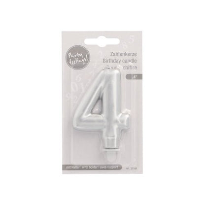 Το κερί αριθμών PAPSTAR GmbH με βάση 7 εκ. "ασημί" είναι συσκευασμένο σε διαφανή πλαστική συσκευασία με λευκό φόντο, που δείχνει κείμενα στα Γερμανικά, Γαλλικά και Αγγλικά.