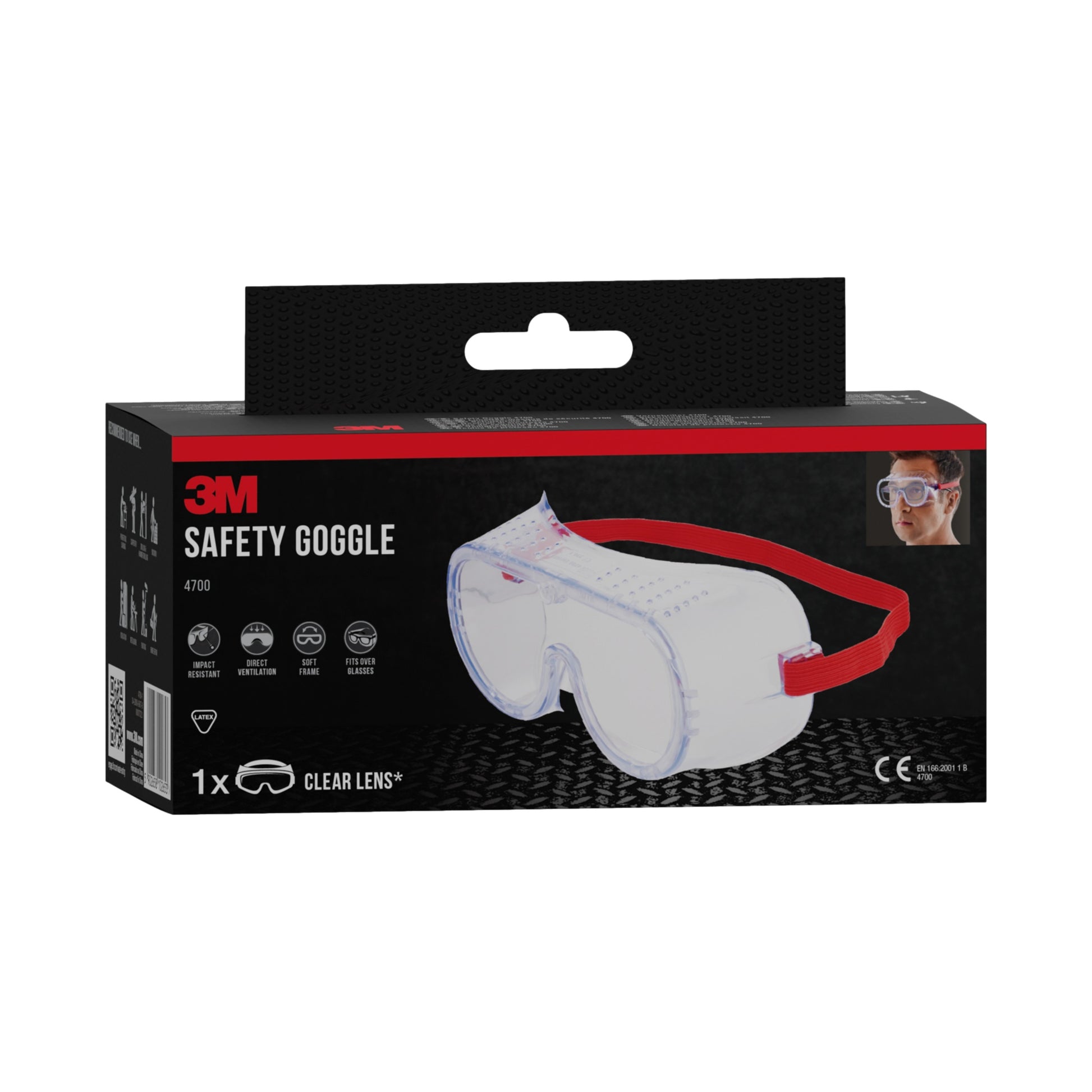 Abgebildet ist eine schwarz-rote Schachtel der 3M™ Classic Schutzbrille 4700 (direkt belüftet, Klarsichtscheibe, 1 Stück) der 3M Deutschland GmbH, auf der die Schutzbrille mit rotem Band und Produktangaben in weißer Schrift abgebildet ist.