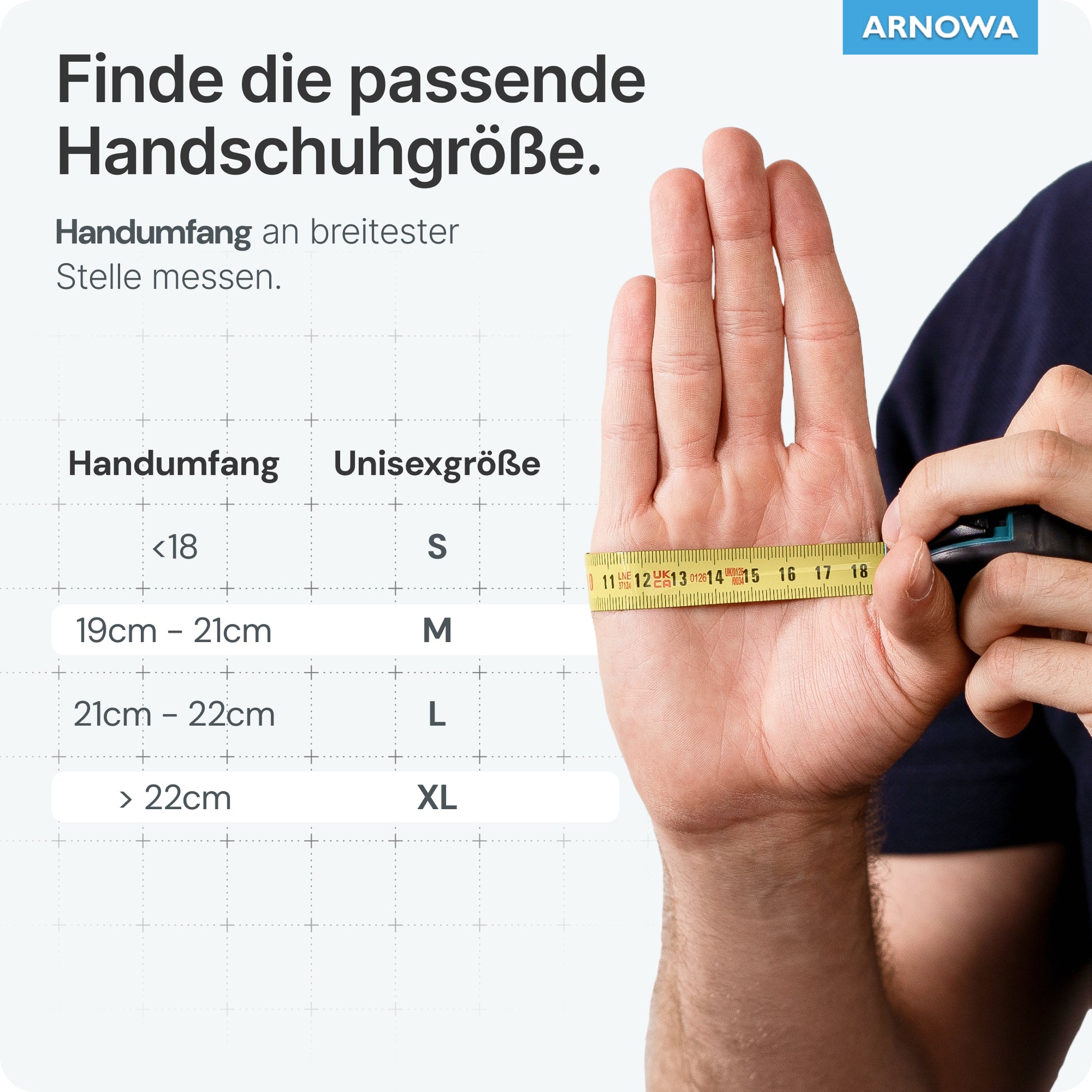 Eine Person misst ihre Hand mit einem Maßband neben einer deutschen Größentabelle für ARNOMED NITRIL OCEAN BLUE Einmalhandschuhe aus Nitril Dunkelblau von ARNOWA GmbH, die die Größen S bis XL und den Handumfang in Zentimetern anzeigt.
