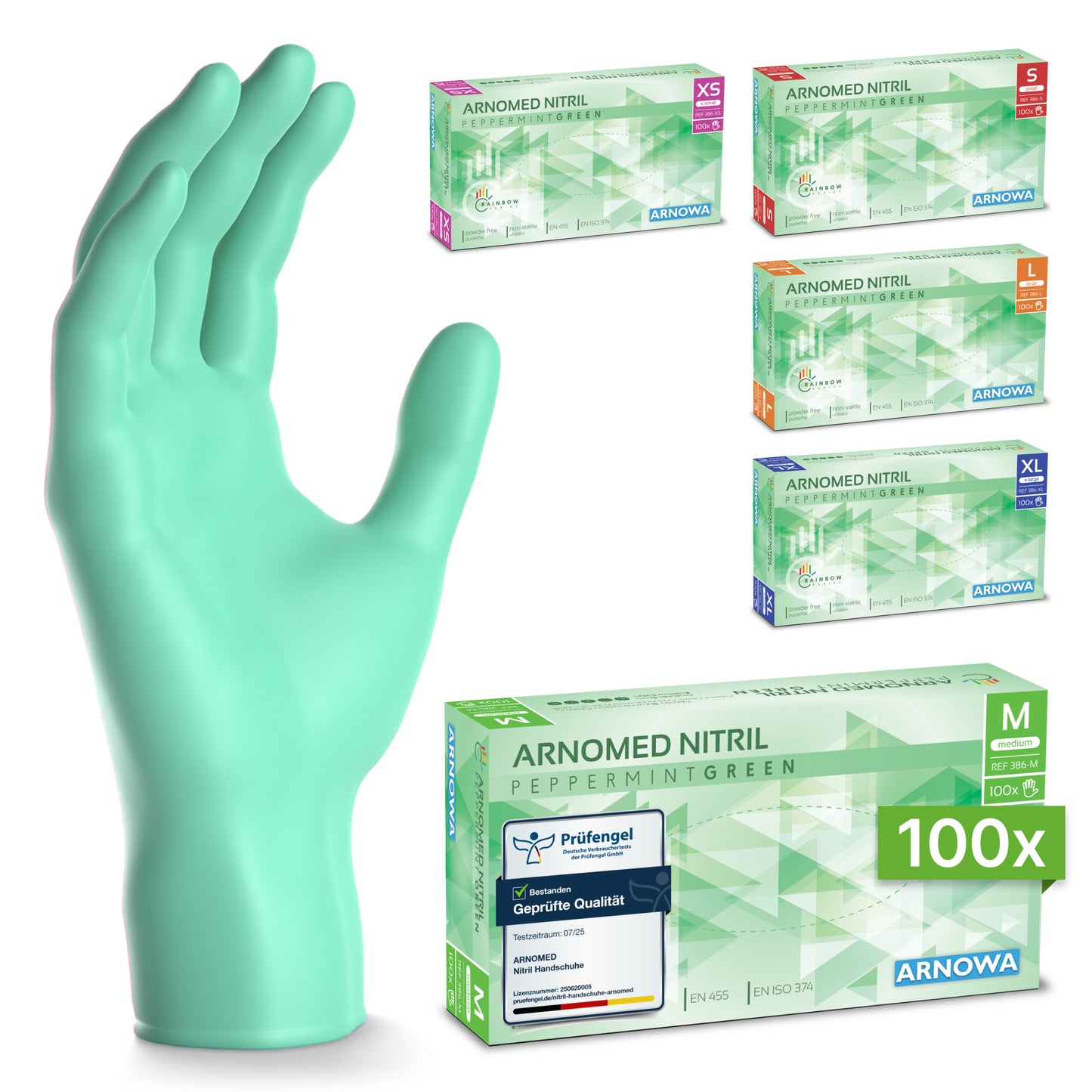 Ένα όρθιο ARNOMED NITRIL PEPPERMINT GREEN Πολύχρωμα γάντια μίας χρήσης από νιτρίλιο σε χρώμα μέντας της ARNOWA GmbH εκτίθεται, πίσω του πέντε πολύχρωμα κουτιά γαντιών ARNOWA σε διάφορα μεγέθη. Το μπροστινό κουτί έχει την επιγραφή "M, 100x, χωρίς λάτεξ".