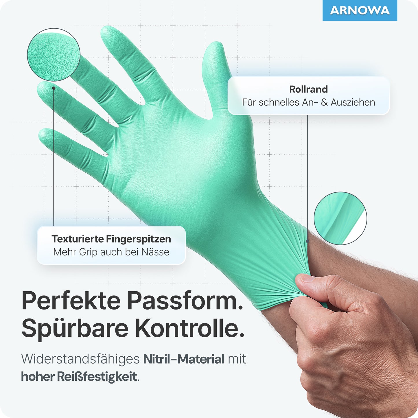 Ένα χέρι φοράει ένα ARNOMED NITRIL PEPPERMINT GREEN γάντι μίας χρήσης της ARNOWA GmbH σε χρώμα μέντας. Η επιγραφή δείχνει τις δομημένες άκρες των δακτύλων, το κυλινδρικό μανσέτα και την εύκολη εφαρμογή. Το γερμανικό κείμενο τονίζει την εφαρμογή, την πρόσφυση και την αντοχή στο σχίσιμο.