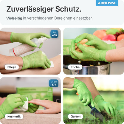 Eine Collage zeigt Hände in ARNOMED NITRIL LIME GREEN Einmalhandschuhen aus Nitril Limettengrün von ARNOWA GmbH - beim Sprühen einer Dose, beim Waschen einer Kartoffel, beim Halten eines Wattepads und beim Gebrauch einer Gartenschere. Die latexfreien Handschuhe bieten vielseitigen Schutz.