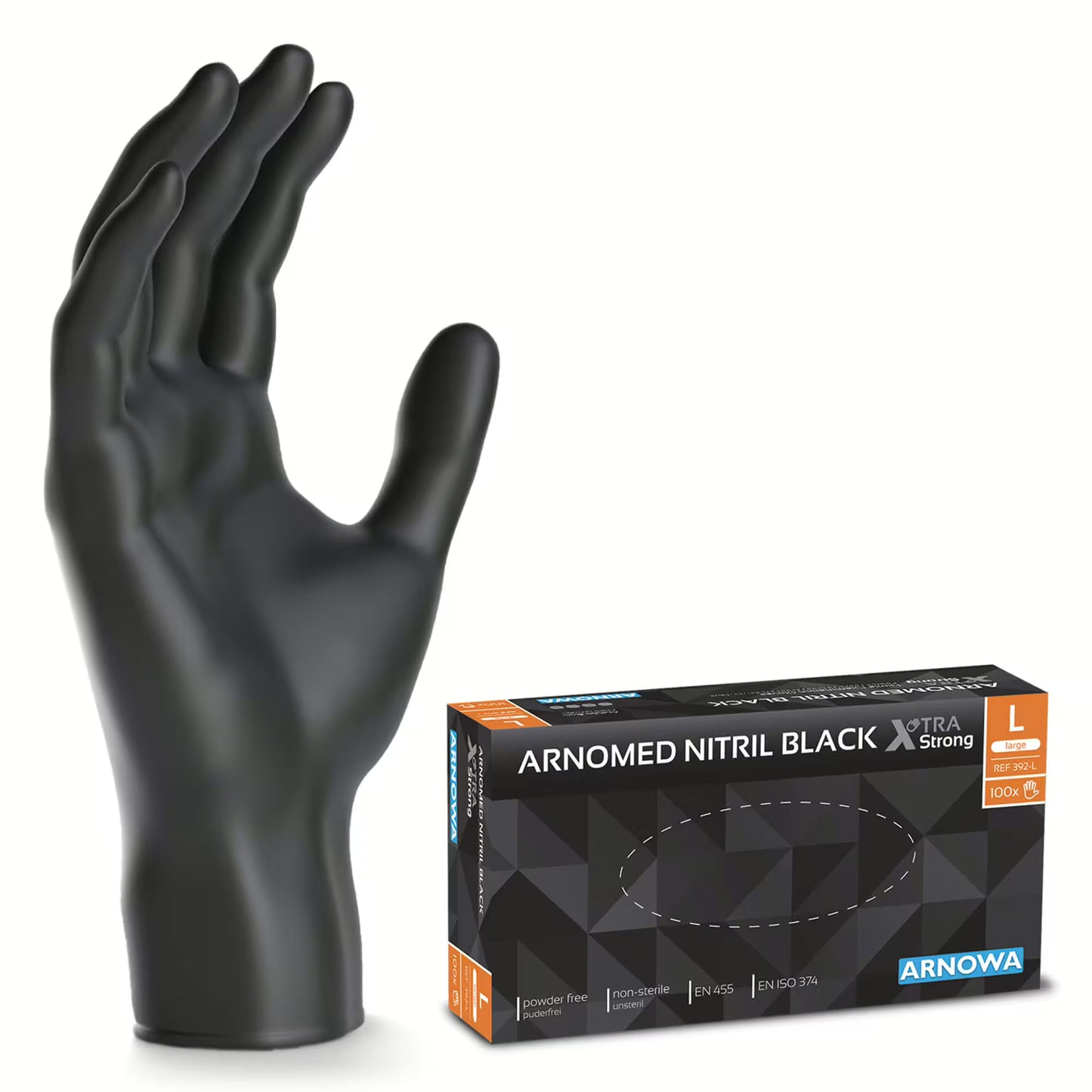 Ένα μαύρο γάντι ARNOMED NITRIL XTRA PURE BLACK της ARNOWA GmbH στέκεται όρθιο δίπλα στο κουτί του, στο οποίο αναφέρεται ότι είναι χωρίς επιταχυντές, χωρίς πούδρα, μη αποστειρωμένο και μεγάλο, και περιέχει 100 μαύρα νιτριλικά γάντια μιας χρήσης φιλικά προς το δέρμα.