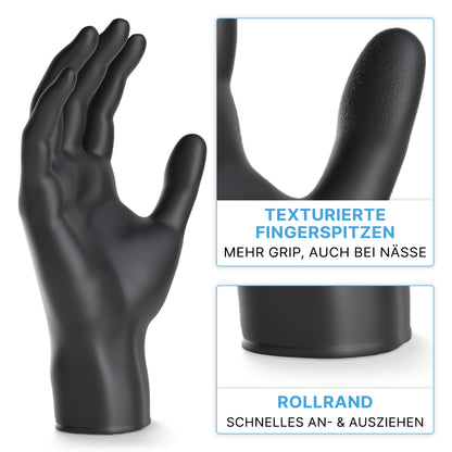 Der ARNOMED NITRIL BLACK XTRA STRONG von ARNOWA GmbH ist ein extra dicker schwarzer Einmalhandschuh aus Nitril mit texturierten Fingerspitzen für optimalen Grip und Rollrand für schnelles An- & Ausziehen.