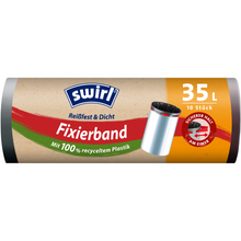 Eine Rolle Swirl Fixierband-Müllbeutel 35 l Reißfest & Dicht von Melitta Europa GmbH & Co. KG, mit elastischem Fixierband, fasst 10 Beutel/Rolle (100 % recycelter Kunststoff), mit Mülltonnenbild und rot-grüner deutscher Verpackung.