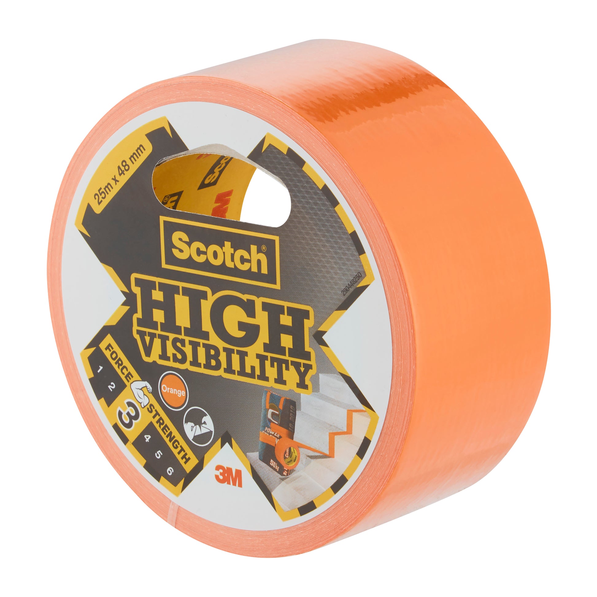 Eine Rolle Scotch® High Visibility Klebeband, orange, 25 m x 48 mm von 3M Deutschland GmbH, wird mit einer beschrifteten Hülle mit Produktangaben geliefert; erhältlich in 6er-Packungen.